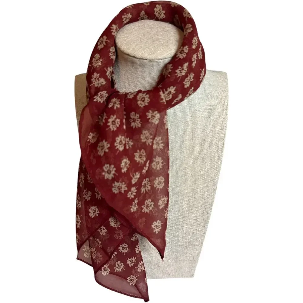Silk Chiffon Floral Print Scarf 21” Square Burgundy Ivory Sheer Boho